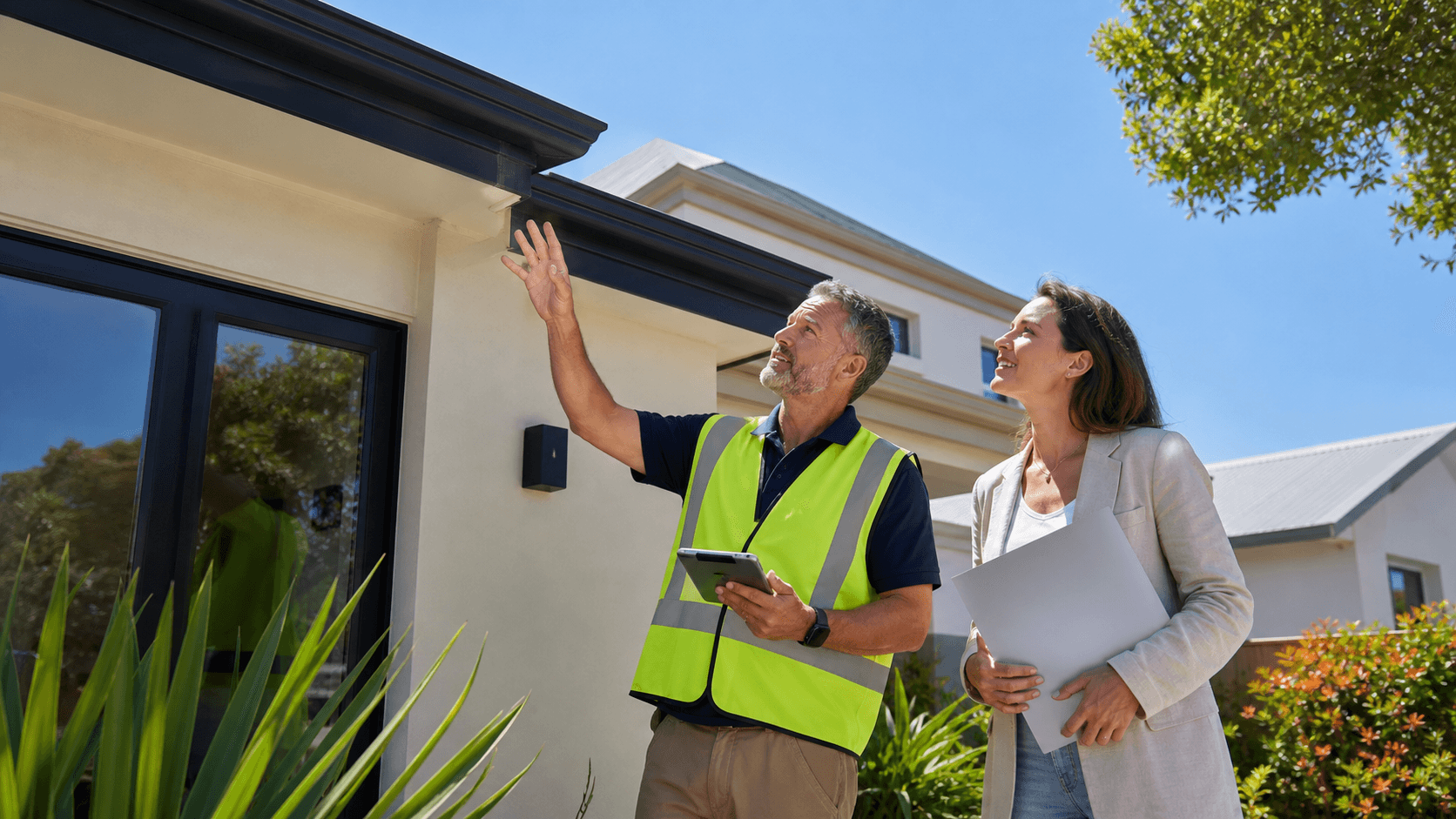 Modern Perth house exterior with a clipboard inspection checklist in the foreground under clear blue skies