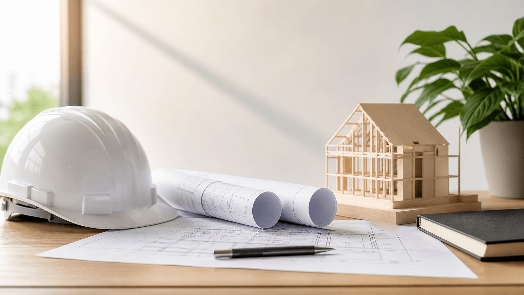 Yellow hard hat and gavel on blueprints atop a wooden desk, with warm light and a blurred construction site behind.