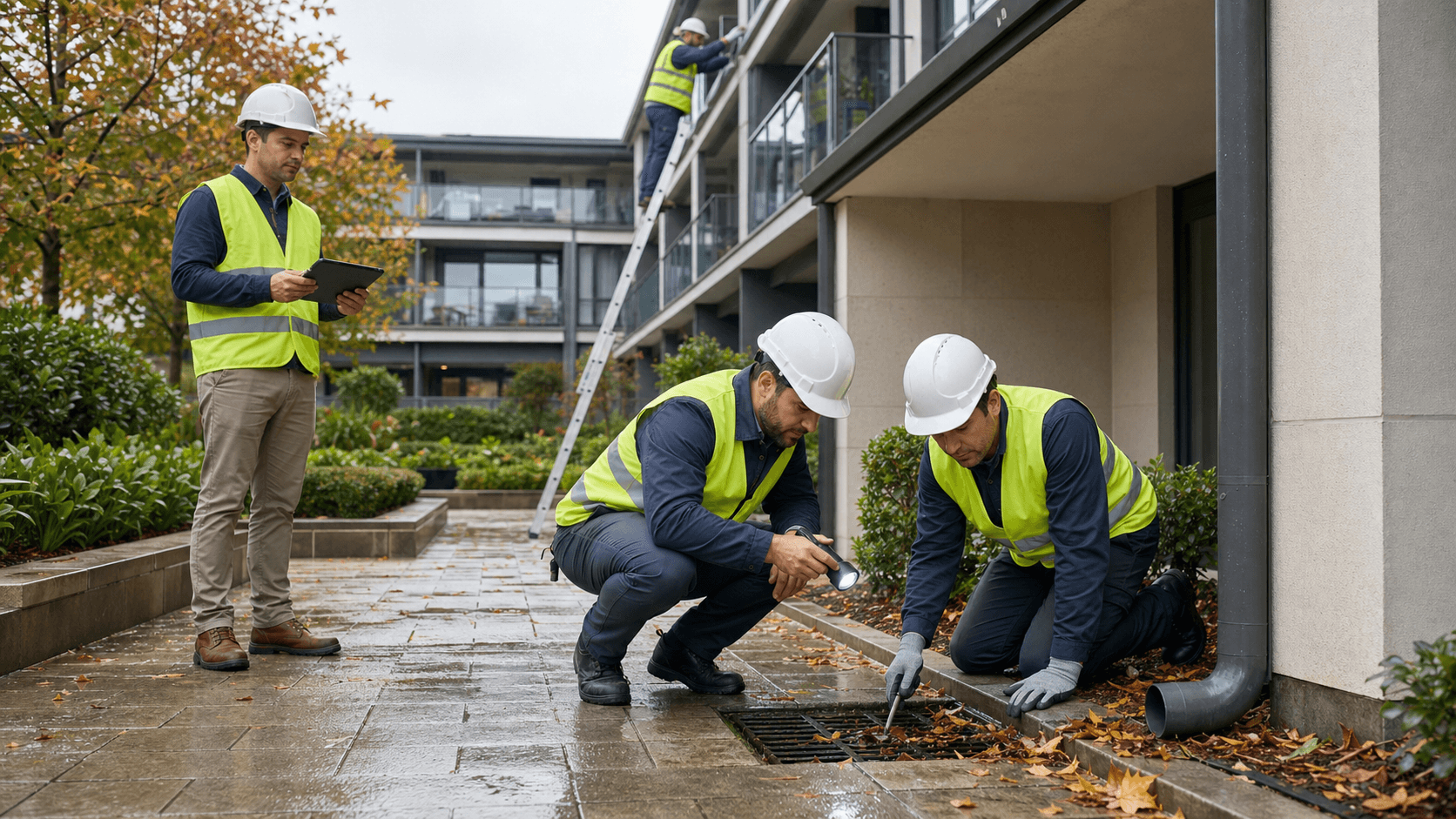 Autumn scene with a clipboard checklist, apartment buildings in background, and raindrops under a gray sky.