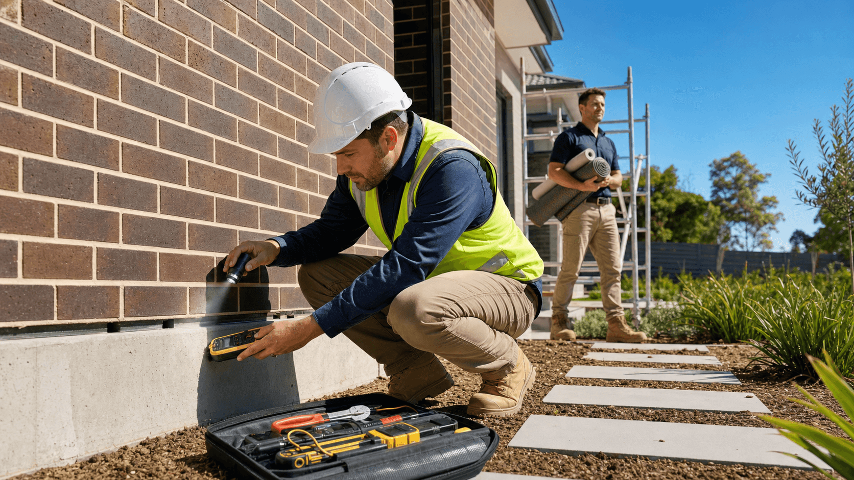Hard-hat inspector with clipboard examining a building foundation, bright daylight and scaffolding in the background.