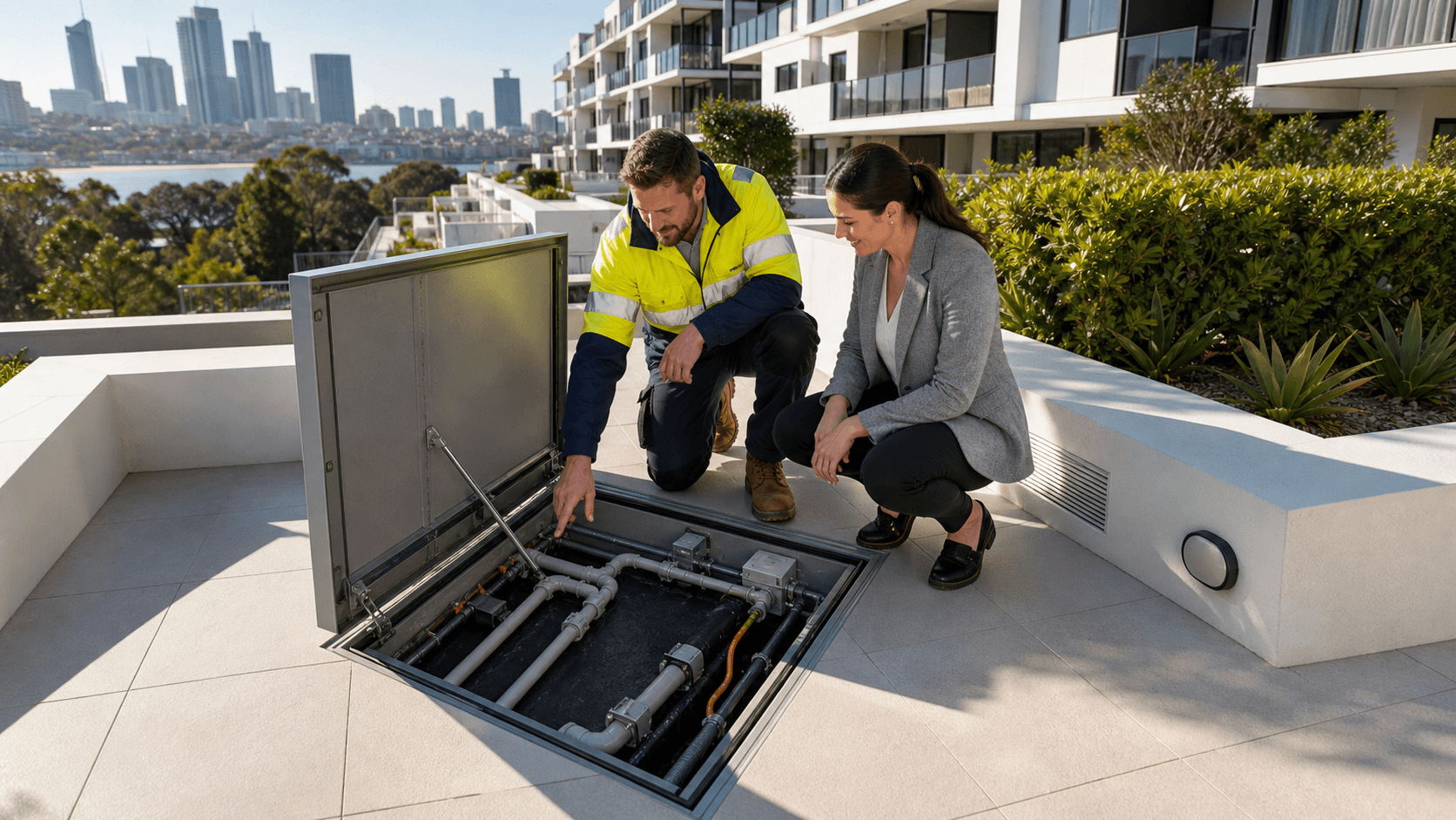 Modern Perth apartment complex with a worker inspecting rooftop equipment at sunset.