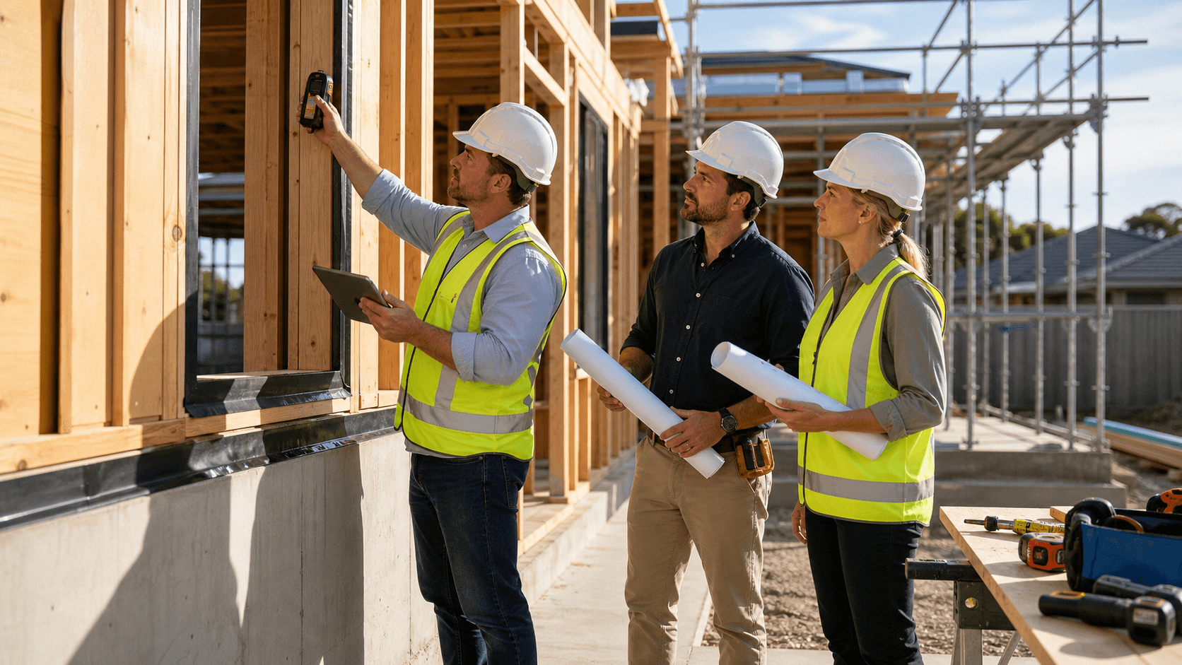 Hard-hat inspector with clipboard checking a new home frame at sunset, warm light and scaffolding in background