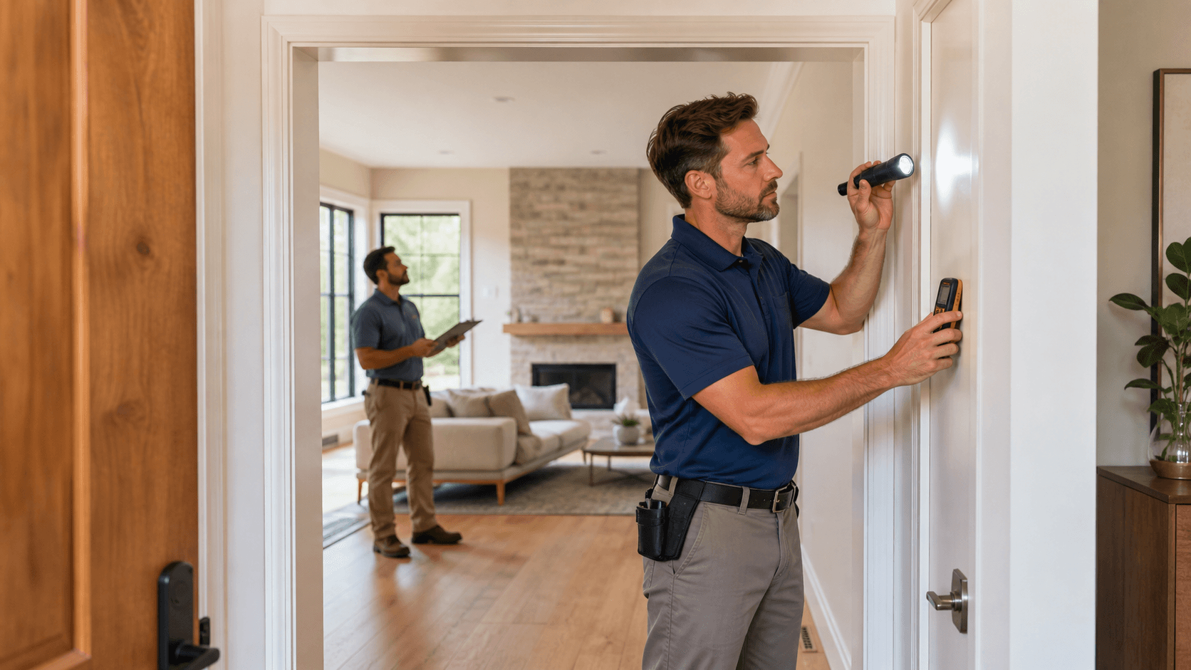 Inspector with clipboard examines a bright unfinished room with exposed framing and large windows.