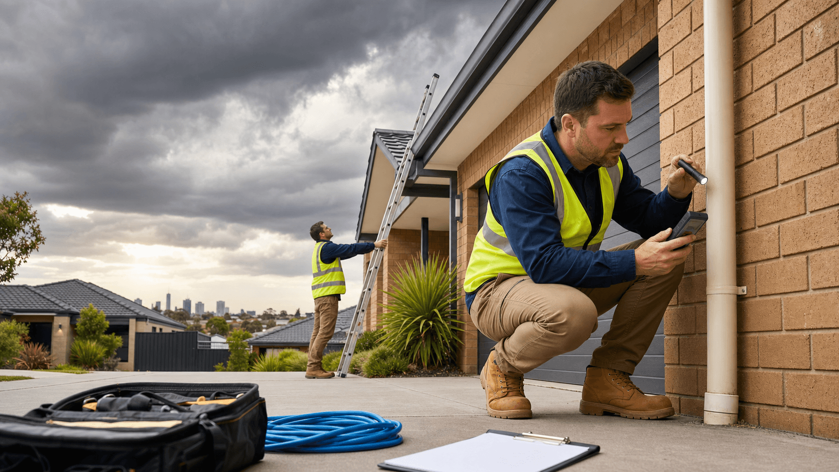 Inspector with clipboard beside a modern Perth home under gray clouds, raindrops starting, wet pavement in foreground