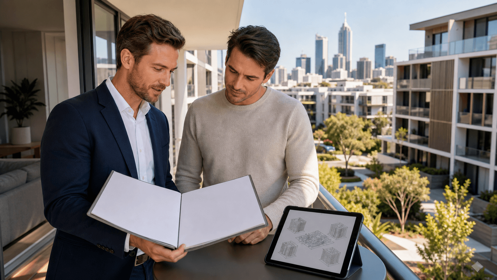 Person reviewing a strata report beside apartment plans, with Perth skyline visible through a sunlit window.