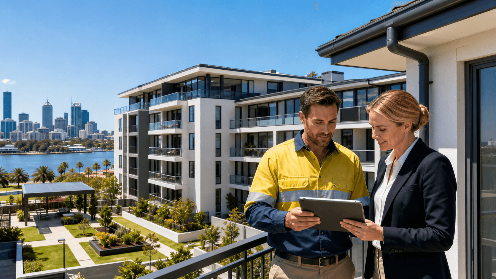Modern apartment buildings beside a blue condition audit chart and maintenance planning documents.