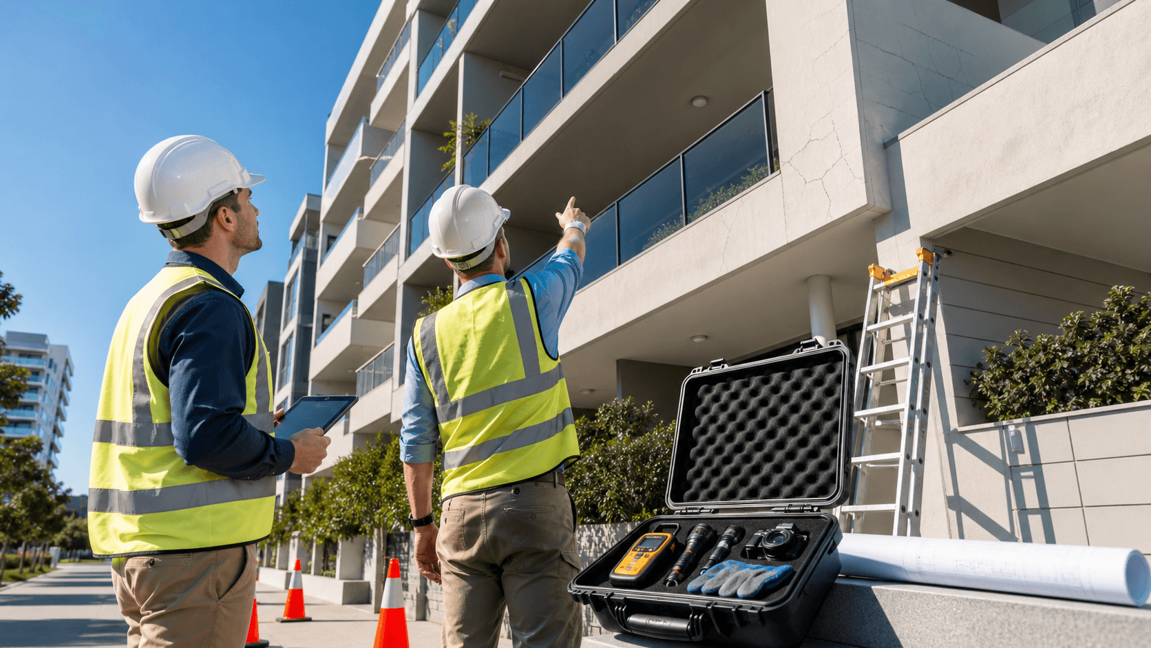Modern apartment facade with an inspector in hi-vis holding a clipboard, warm sunset light and urban skyline.