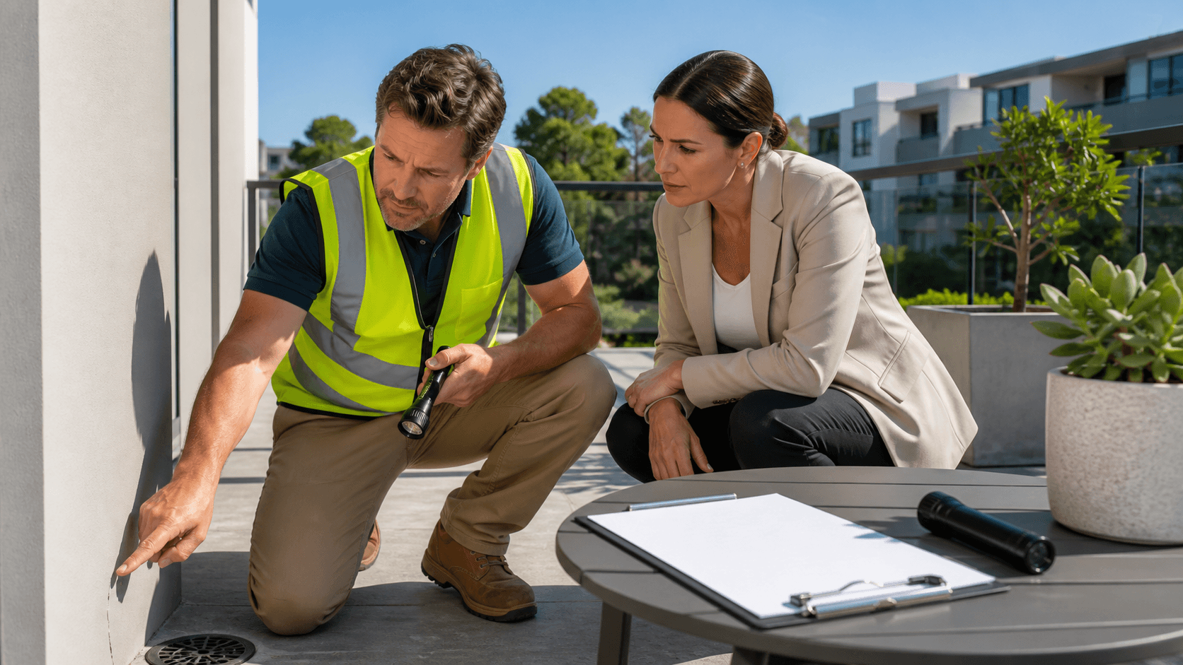 Inspector reviewing documents beside a modern Perth apartment building under a clear blue sky.