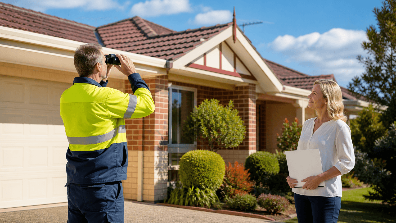 Inspector holding a clipboard beside a modern Perth home under a clear blue sky