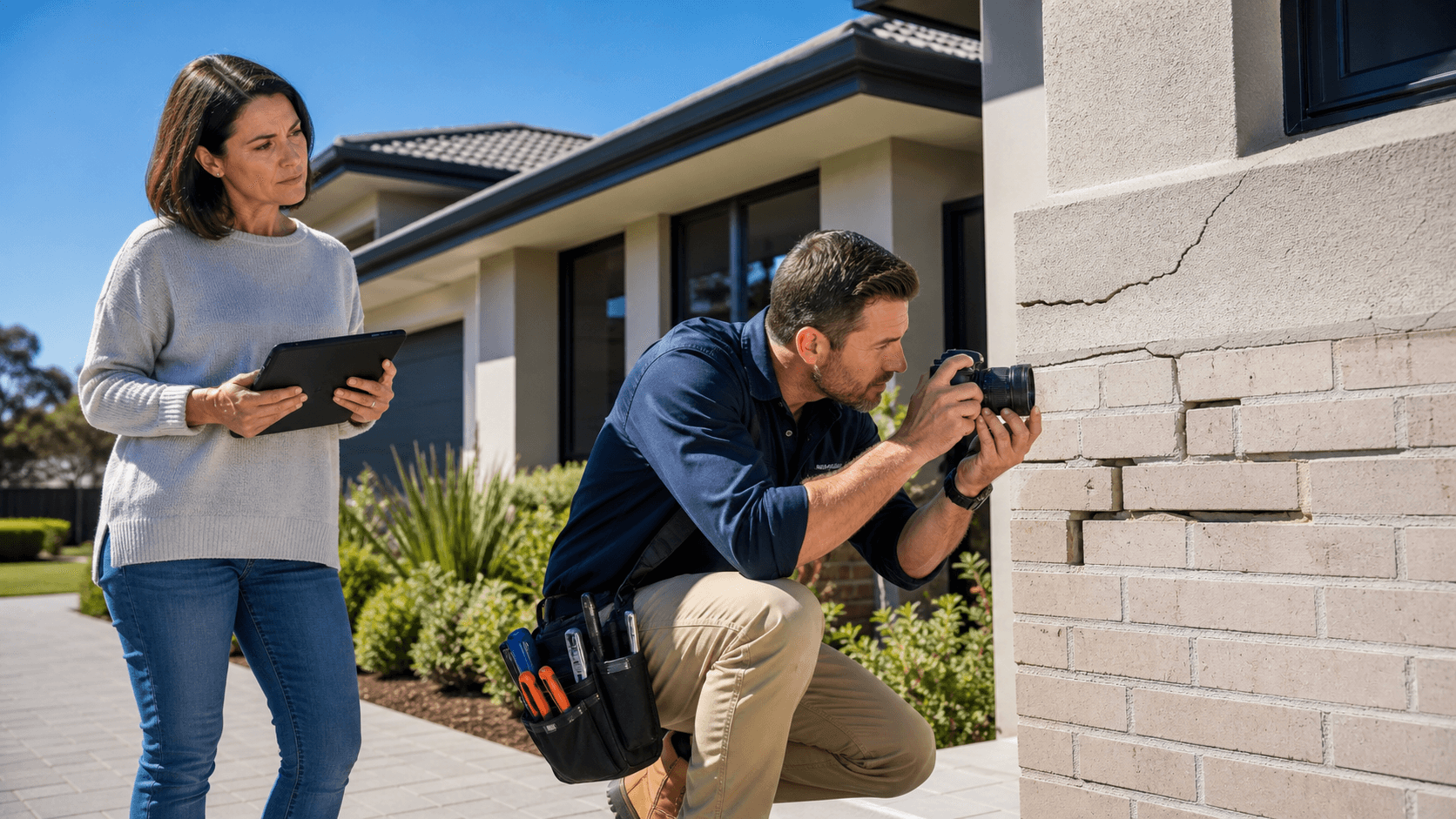 Inspector reviewing a defects report beside a cracked wall in a bright modern Perth home.