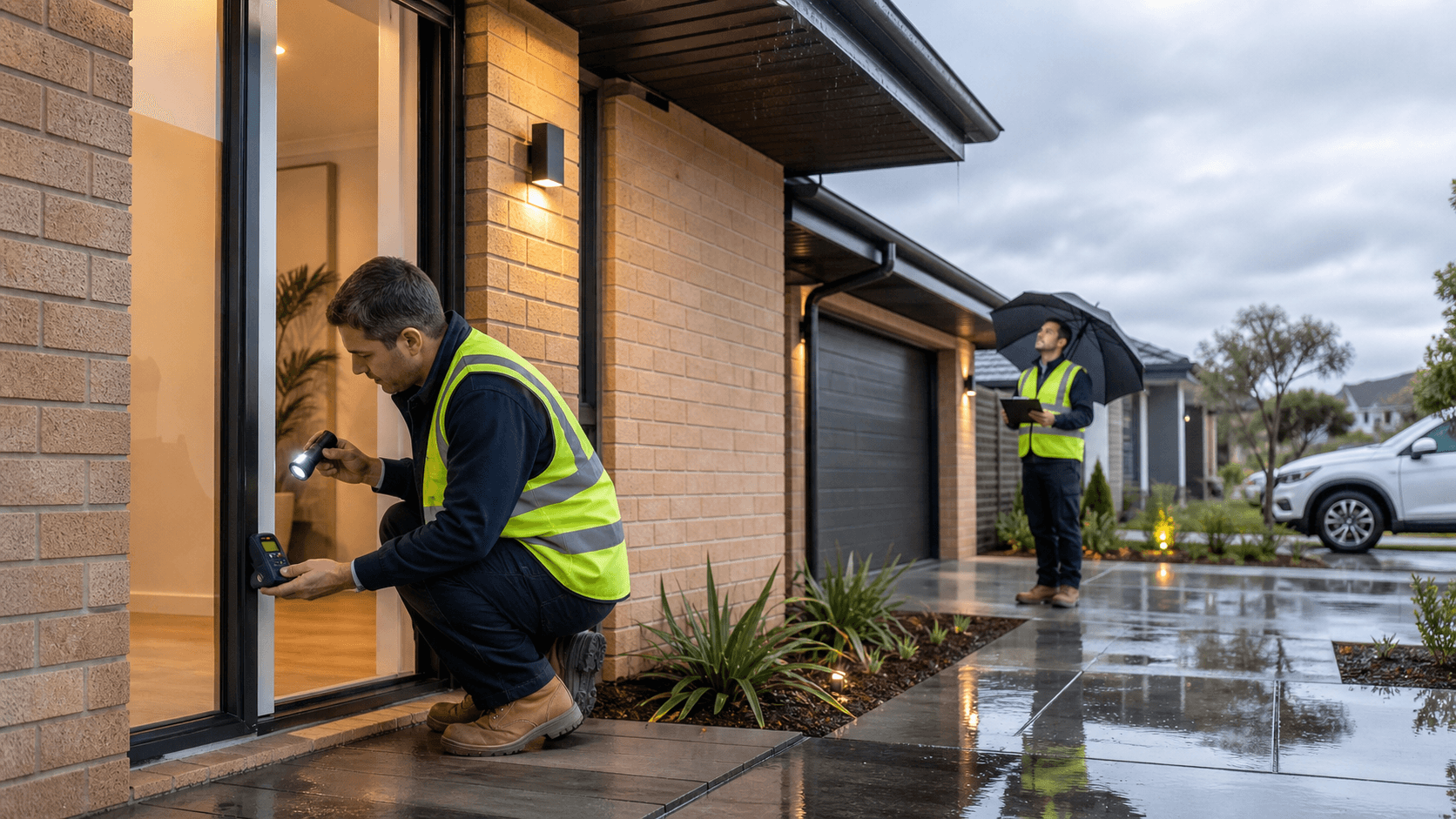 Modern house exterior in rain with inspector holding clipboard under umbrella, gray sky and wet pavement