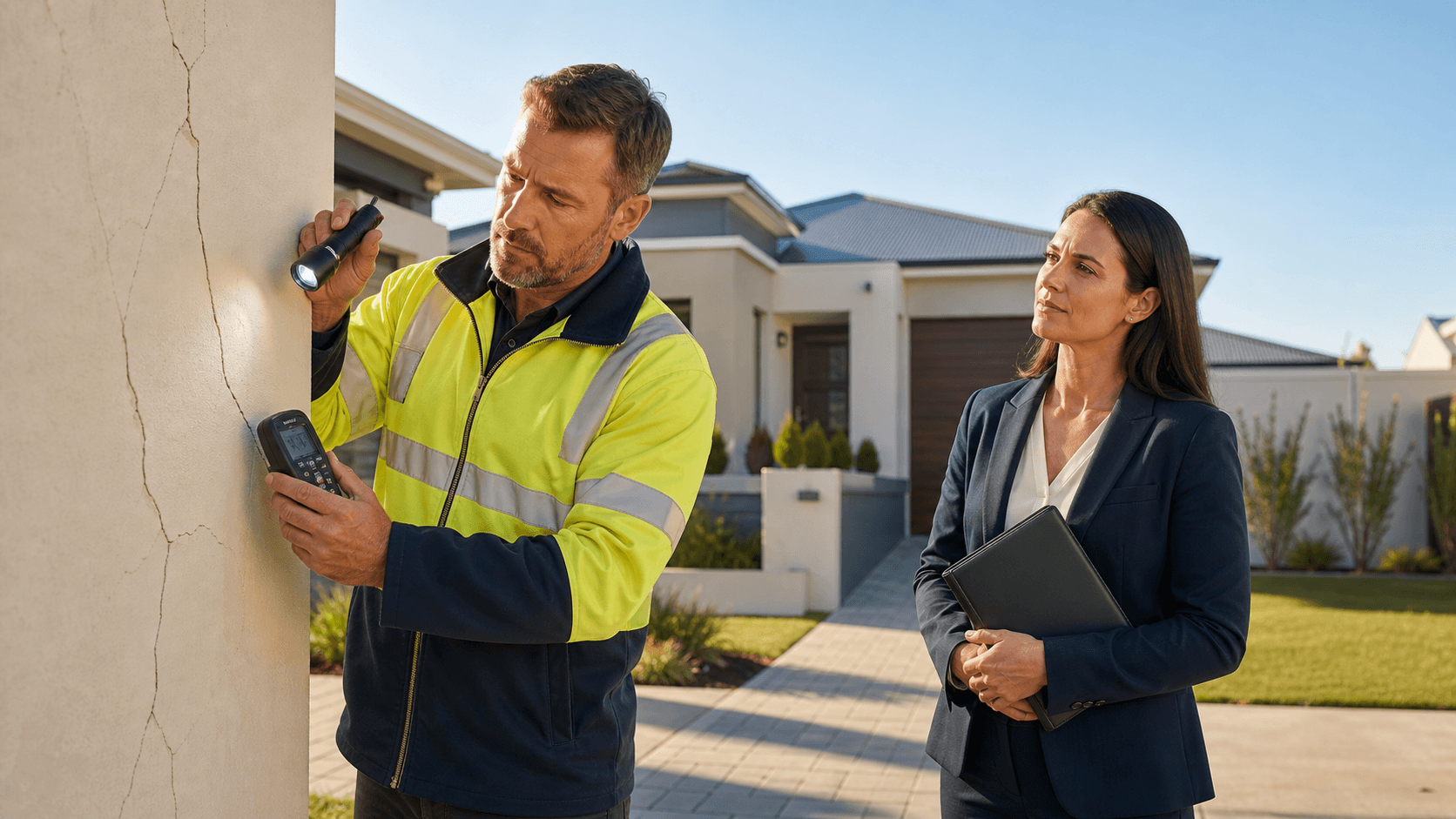 Building inspector in a high-visibility vest examining a house exterior with a clipboard in bright daylight.