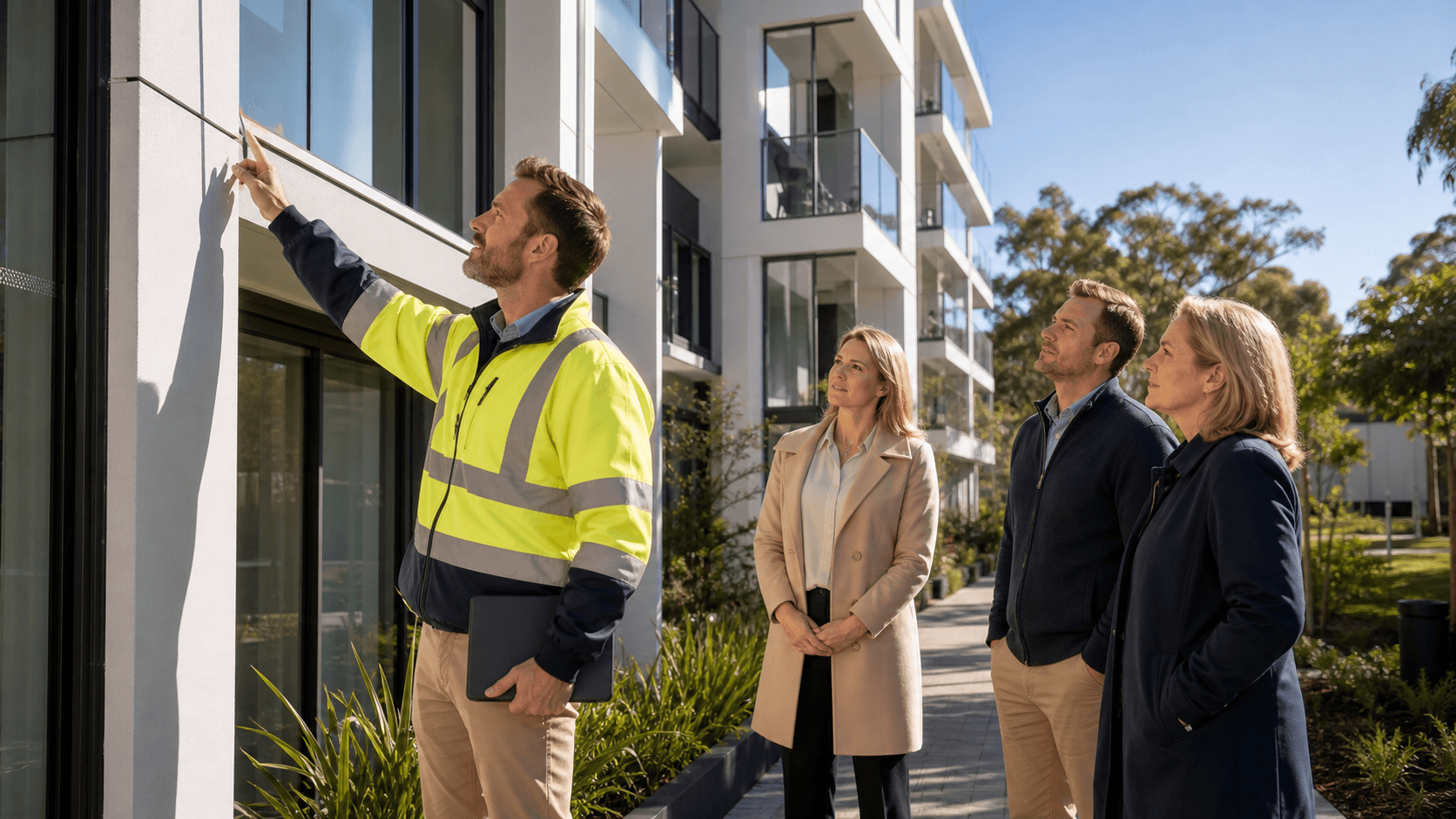 Inspector in a high-vis vest examines an apartment building exterior with a clipboard in bright daylight.